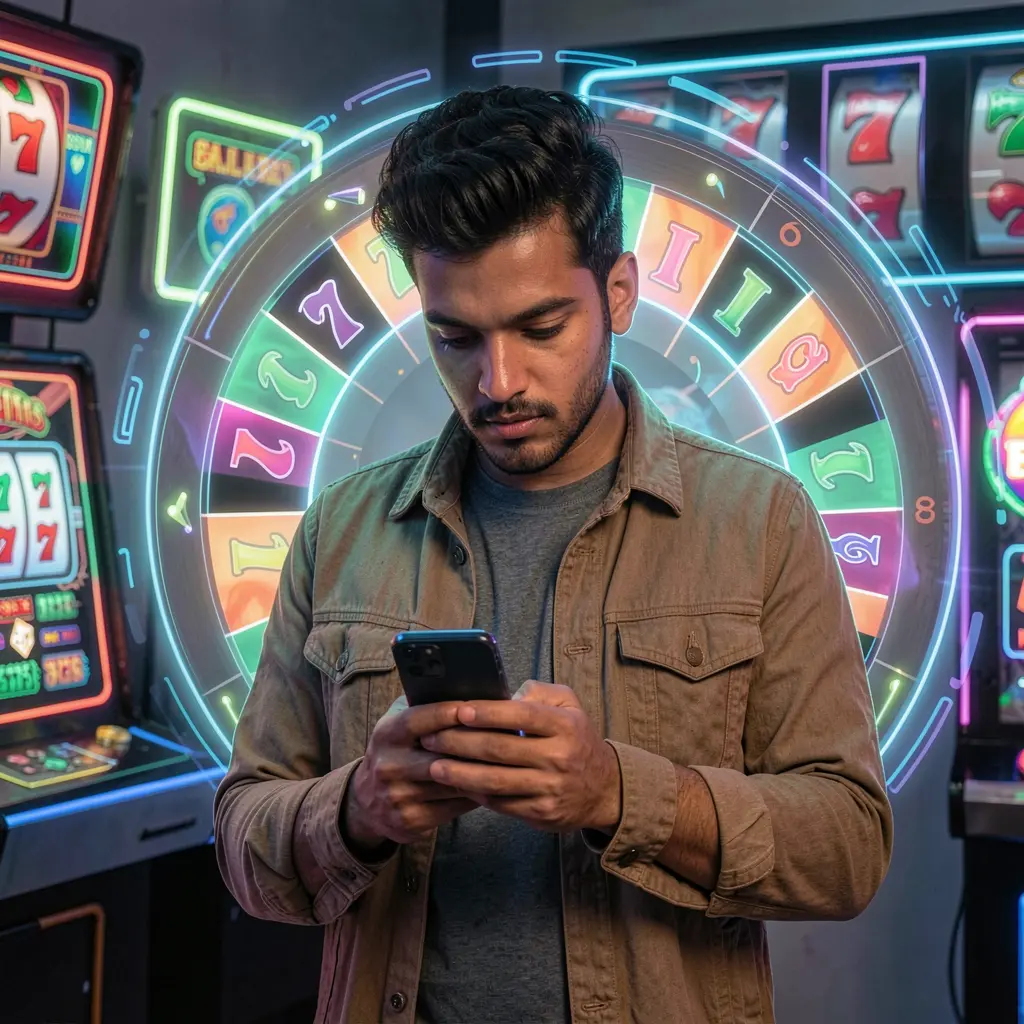 Confident Bangladeshi man using the DB99 casino app with a glowing roulette wheel behind him symbolizing live mobile gaming
