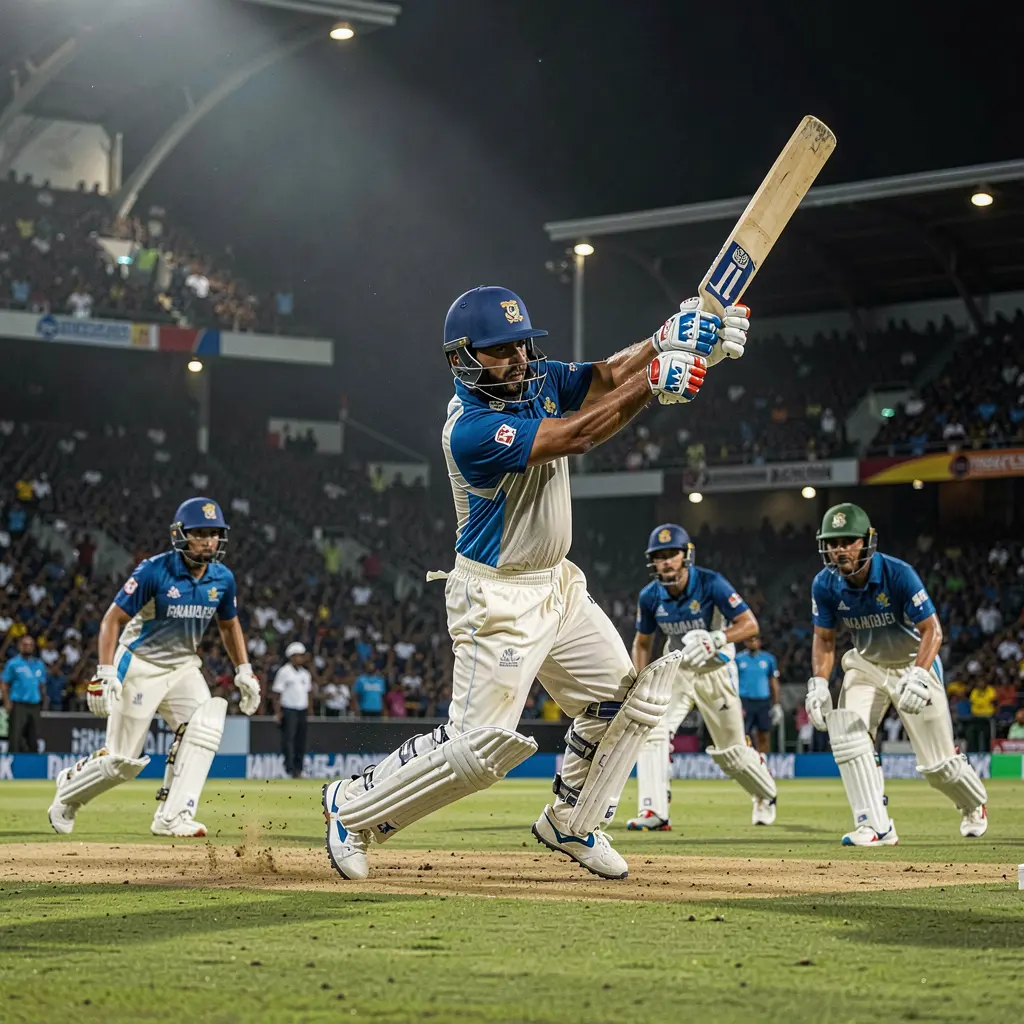 Dynamic cricket moment with a batsman facing a fast delivery in a packed stadium capturing the thrill of live cricket betting with DB99 in Bangladesh