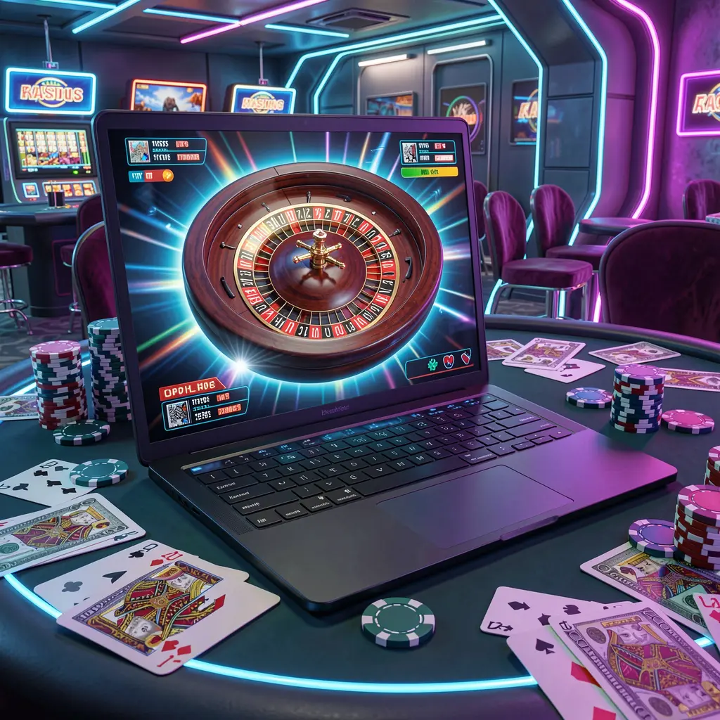 Modern laptop displaying a vibrant online roulette wheel surrounded by casino chips and playing cards illustrating the immersive DB99 casino experience for Bangladeshi players