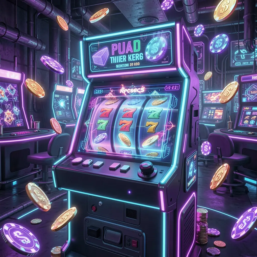 Futuristic slot machine with glowing reels and flying coins in a neon casino atmosphere highlighting the immersive slot experience at DB99 for players in Bangladesh